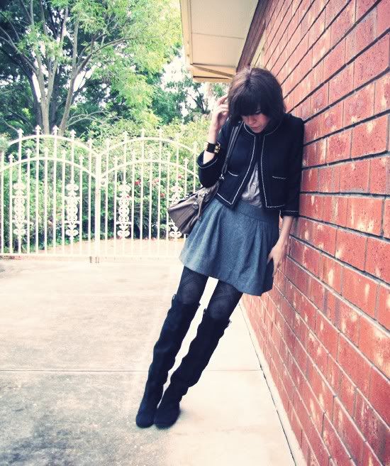 Dotti boucle chain detail jacket, Forever 21 silk shirt, Dotti wool skirt, Forever New tights, Midas 'Holly' suede boots, Hermes inspired cuff, Mimco Turnlock bag outfit @ Le Blog de Sushi