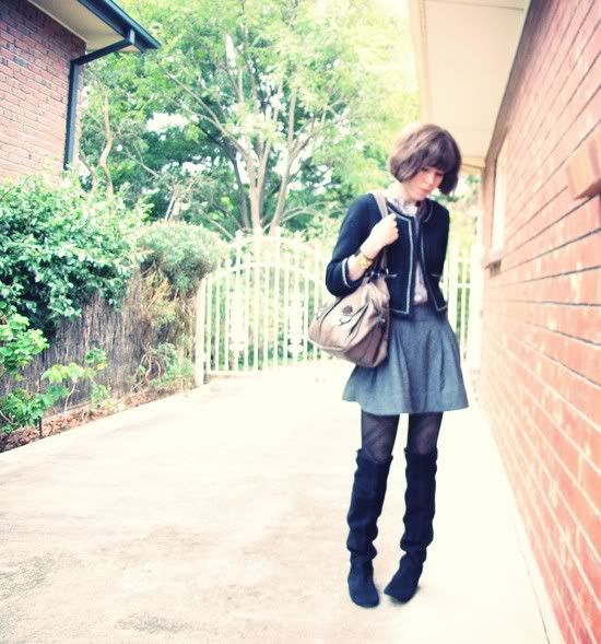Dotti boucle chain detail jacket, Forever 21 silk shirt, Dotti wool skirt, Forever New tights, Midas 'Holly' suede boots, Hermes inspired cuff, Mimco Turnlock bag outfit @ Le Blog de Sushi