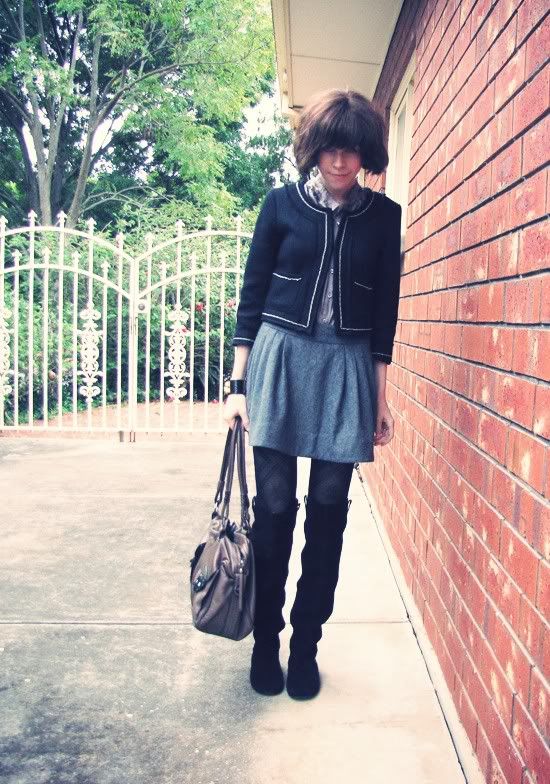 Dotti boucle chain detail jacket, Forever 21 silk shirt, Dotti wool skirt, Forever New tights, Midas 'Holly' suede boots, Hermes inspired cuff, Mimco Turnlock bag outfit @ Le Blog de Sushi