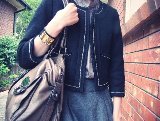 Dotti boucle chain detail jacket, Forever 21 silk shirt, Dotti wool skirt, Forever New tights, Midas 'Holly' suede boots, Hermes inspired cuff, Mimco Turnlock bag outfit @ Le Blog de Sushi