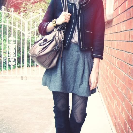 Dotti boucle chain detail jacket, Forever 21 silk shirt, Dotti wool skirt, Forever New tights, Midas 'Holly' suede boots, Hermes inspired cuff, Mimco Turnlock bag outfit @ Le Blog de Sushi