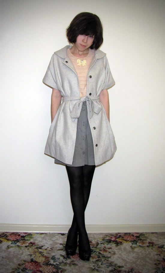 Mimosa wool coat, Sretsis bow blouse in peach, Sportsgirl high-waisted skirt, opaque tights, Schuh D&G inspired slingback wedges outfit @ Le Blog de Sushi