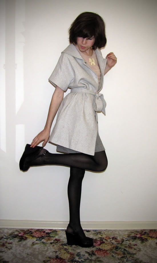 Mimosa wool coat, Sretsis bow blouse in peach, Sportsgirl high-waisted skirt, opaque tights, Schuh D&G inspired slingback wedges outfit @ Le Blog de Sushi