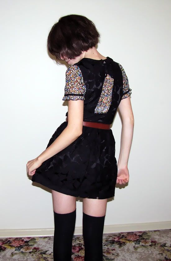 Forever 21 lace dress, Topshop Luella inspired floral blouse, Supre cardigan, Target thigh high socks, YSL Arty Ovale ring outfit @ Le Blog de Sushi