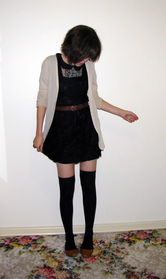 Forever 21 lace dress, Topshop Luella inspired floral blouse, Supre cardigan, Target thigh high socks, YSL Arty Ovale ring outfit @ Le Blog de Sushi