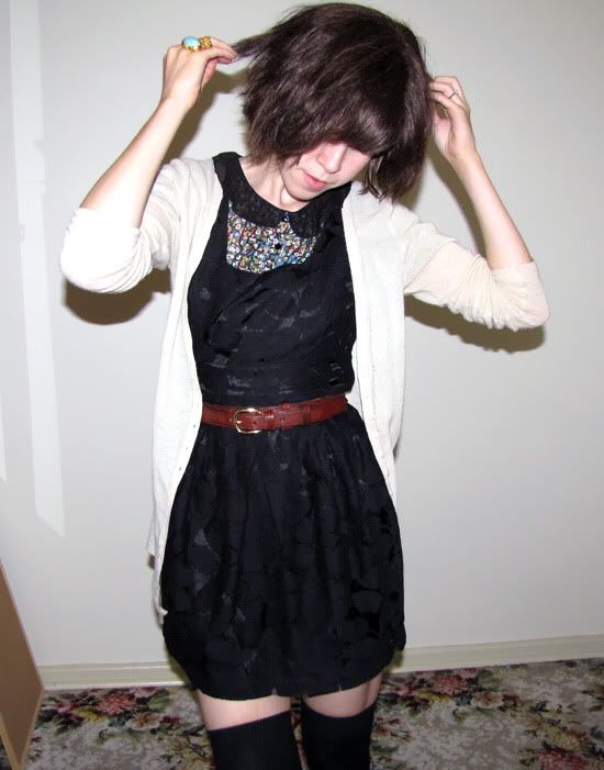 Forever 21 lace dress, Topshop Luella inspired floral blouse, Supre cardigan, Target thigh high socks, YSL Arty Ovale ring outfit @ Le Blog de Sushi