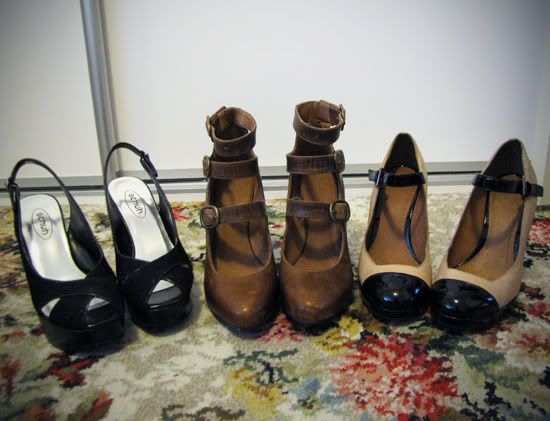 Topshop Chloe inspired multi buckle heels in tan, Topshop Chanel inspired nude & black mary janes, Schuh D&G inspired Stella platform wedges @ Le Blog de Sushi