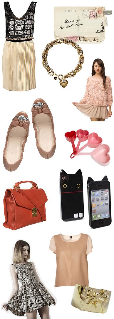 Witchery embellished silk dress, Modcloth through the post clutch, Mimco romance rope choker, American Apparel flower mesh jumper, Witchery embellished ballet flats, Modcloth love to bake measuring set, Topshop leather satchel, San-X kutsushita nyanko iPhone cover, May aurora dress, Topshop leather front tee, Les Jumelles coup de coeur cuff