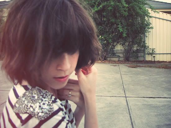 Dotti embellished shoulder striped top, American Apparel polyester tulip skirt, Etsy brass bow necklace, Steve Madden cut-out leather oxfords, Luella Military Disco bag outfit @ Le Blog de Sushi