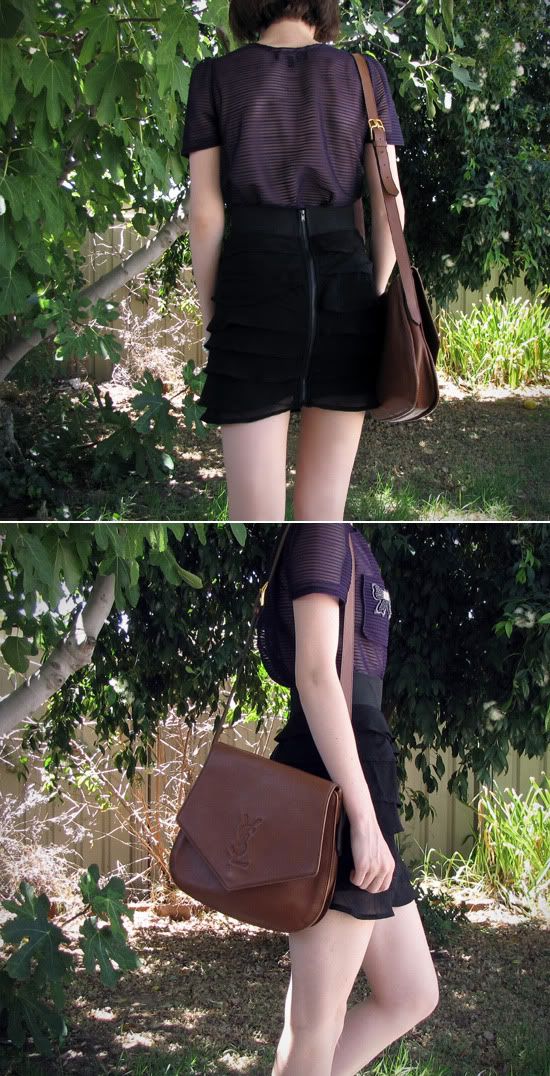 Sretsis double bow blouse in Windsor Purple, Valleygirl ruffle layer skirt, YSL vintage satchel outfit @ Le Blog de Sushi