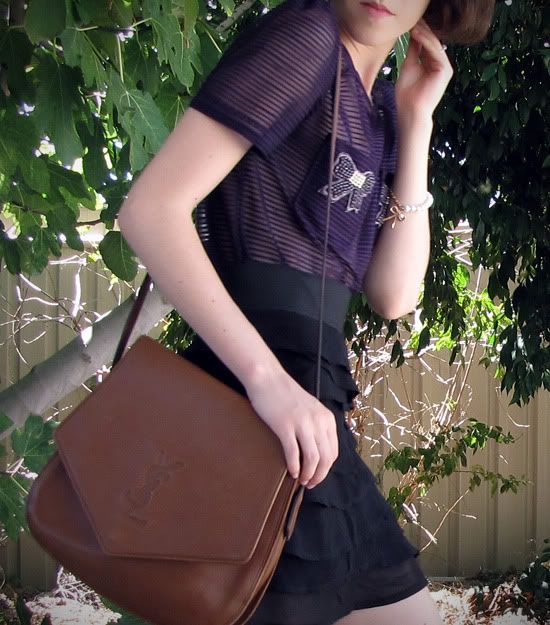 Sretsis double bow blouse in Windsor Purple, Valleygirl ruffle layer skirt, YSL vintage satchel outfit @ Le Blog de Sushi