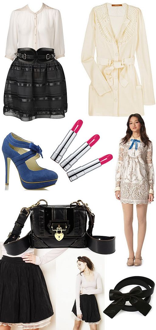 Witchery silk blouse in Putty, Thurley Felicity cardigan in cream, Tony Bianco Joss heels in blue suede, Bourjois lipstick in Fuchsia Class, Anna Sui for Target tablecloth dress, Luella Military Disco bag in black, Tulle double layer ribbon-trimmed petticoat, bow belt @ Le Blog de Sushi