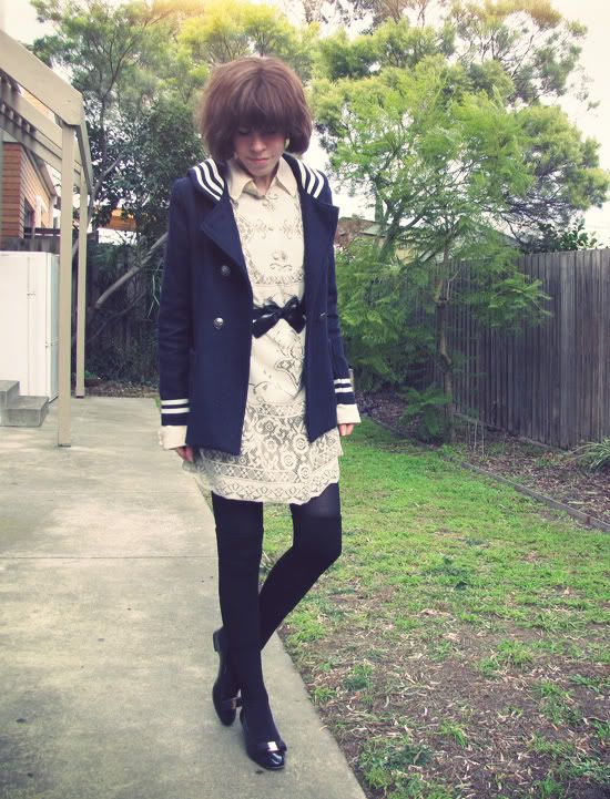 Vintage sailor coat, Anna Sui for Target tablecloth dress, eBay bow belt, American Apparel thigh high socks, Ferragamo patent Vara flats @ Le Blog de Sushi leblogdesushi