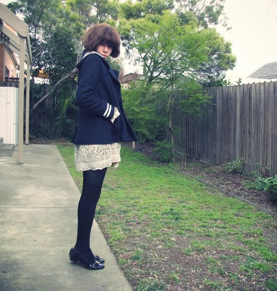 Vintage sailor coat, Anna Sui for Target tablecloth dress, eBay bow belt, American Apparel thigh high socks, Ferragamo patent Vara flats @ Le Blog de Sushi leblogdesushi