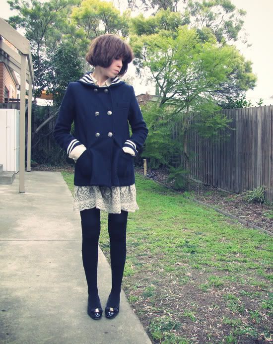 Vintage sailor coat, Anna Sui for Target tablecloth dress, eBay bow belt, American Apparel thigh high socks, Ferragamo patent Vara flats @ Le Blog de Sushi leblogdesushi