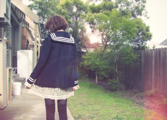 Vintage sailor coat, Anna Sui for Target tablecloth dress, eBay bow belt, American Apparel thigh high socks, Ferragamo patent Vara flats @ Le Blog de Sushi leblogdesushi