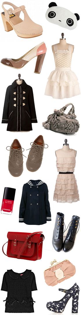 Swedish Hasbeens T-strap clogs, Modcloth Tarepanda mobile cozy, Miu Miu naplak colour block pumps, Modcloth H.M.S. pinafore dress, Dainty June heart toggle coat, Gerard Darrel dublin pom pom bag, Modcloth brogues, Modcloth layer cake dress, Topshop navy sailor coat, Chanel nail laquer, The Cambridge Satchel Company satchel | available here, Black lace-up ankle boots, Fiorelli honolulu clutch, Manoush cotton candy lace blouse, Miu Miu swallow print platform heels wishlist @ Le Blog de Sushi