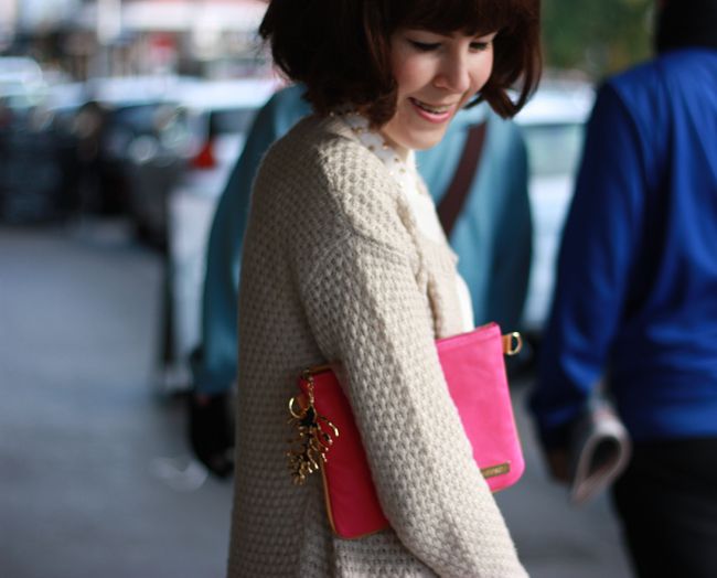 Forever New yana boucle duffle coat, Jacki Anderson amy bag, Zara-inspired studded collar shirt, Forever New cardigan, Asos Premium tailored pleated skirt, YSL arty ovale ring in turquoise, Rubi classic ballet flats outfit @ Le Blog de Sushi www.leblogdesushi.com