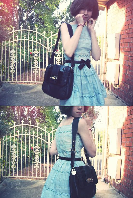 Etsy vintage 1950's sun dress, eBay bow belt, Luella Military Disco bag Luella inspired outfit @ Le Blog de Sushi
